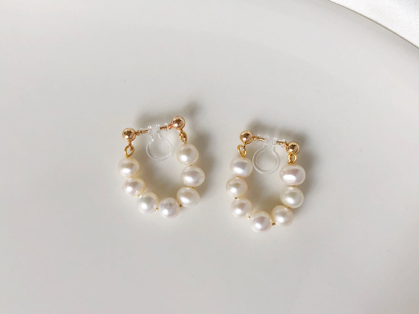 Dangle white wreath freshwater pearl drop Clip on Earrings, Gift for her