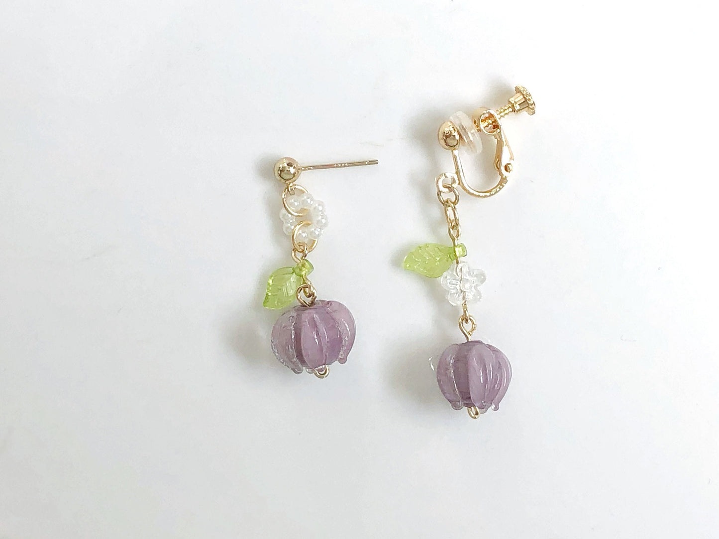 Mismatched purple flower earrings, clip-on/stud Fruit and leaves earrings, Special gift for her
