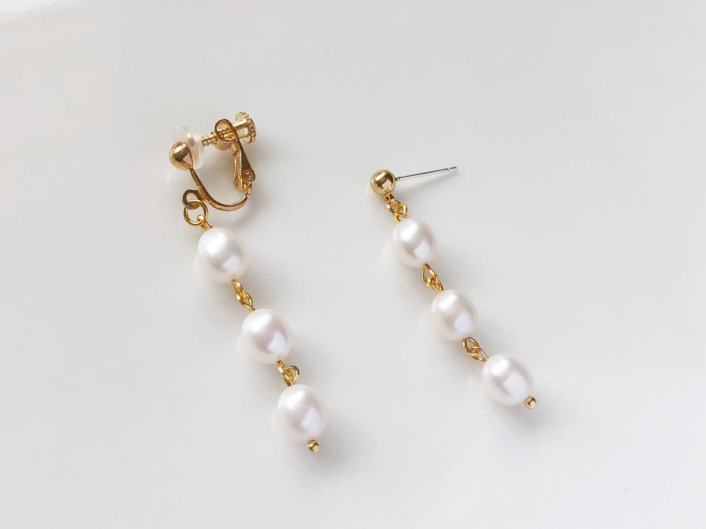 Triple white freshwater oval pearl drop Stud / Clip on Earrings, Geometric pendant, Gift for her