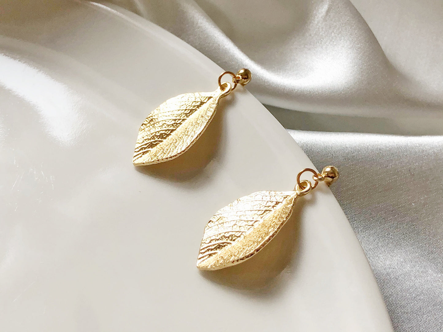 Gold colour leaves clip on/ stud Earrings, Gold plated Dainty dangle pendant, Gift for her
