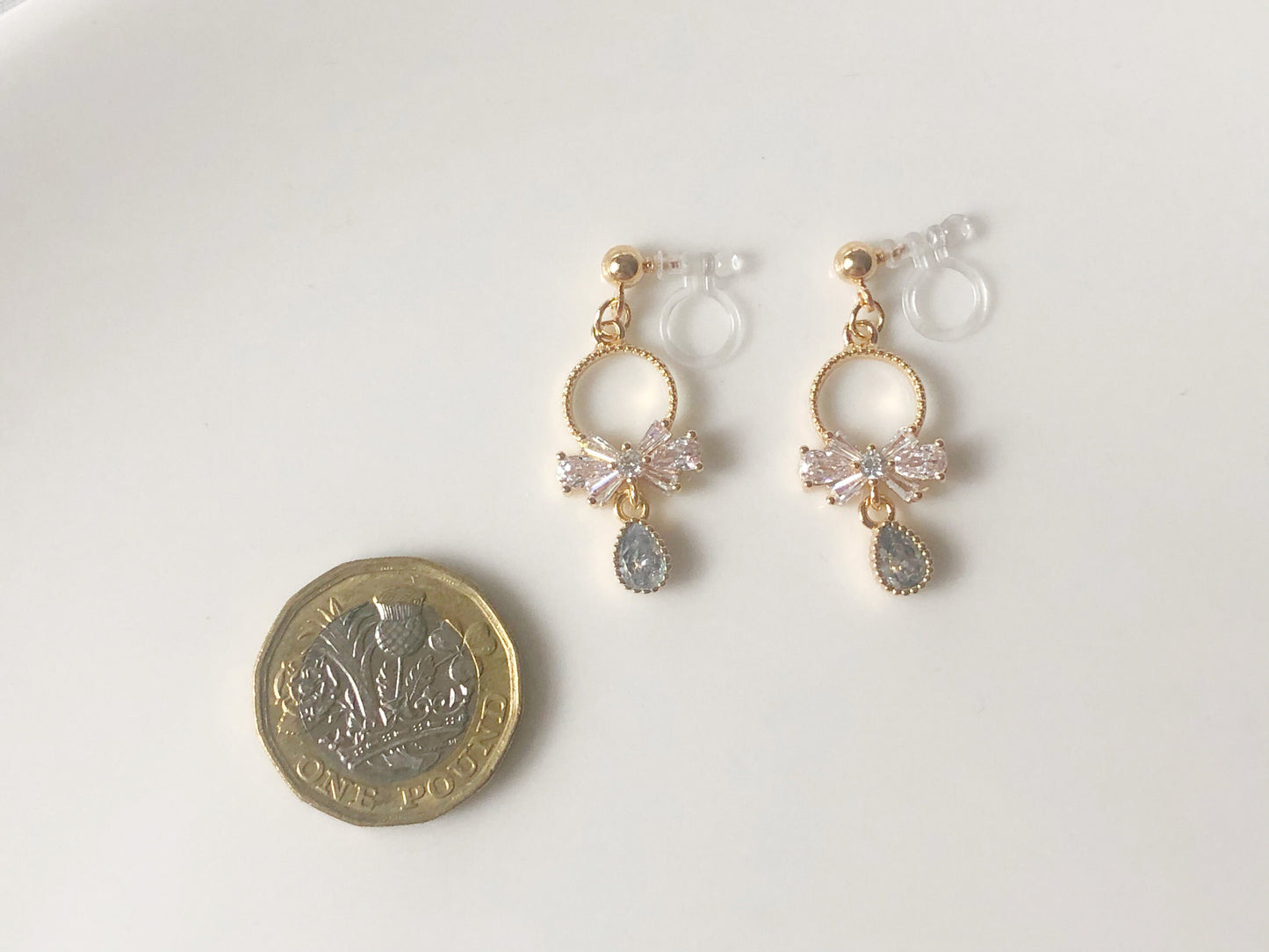 Delicate bow and teardrop stud/ clip on Earrings, dainty women earrings, gift for her