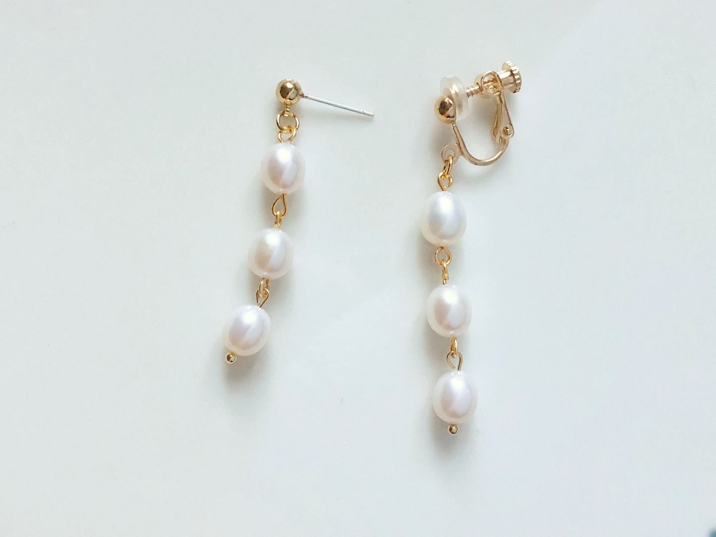 Triple white freshwater oval pearl drop Stud / Clip on Earrings, Geometric pendant, Gift for her