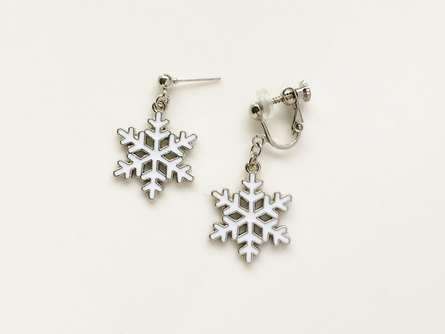 Cute Snowflake Winter Earrings - Silver Snowflake Studs or Clip-ons, Dainty Christmas Jewelry, Holiday Gift for Her, Winter Bridal Earrings