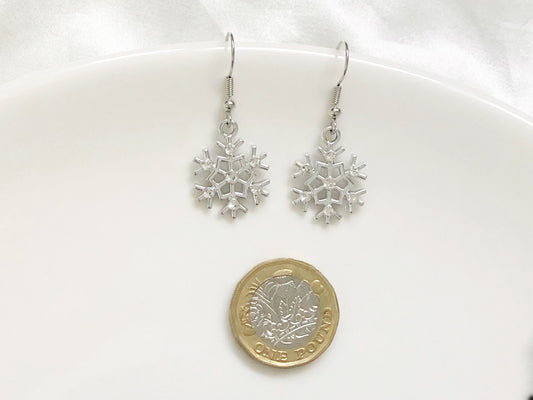 Cute Snowflake Earrings | Silver Winter Dangle | Clip On or Stud | Christmas Gift for Her
