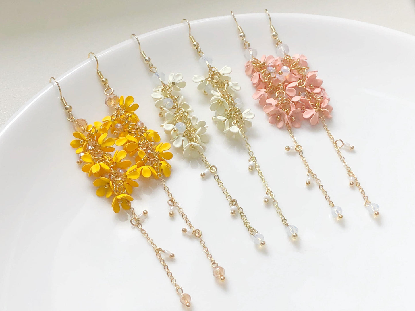 Yellow white pink Floral Dangle Earrings | Clip On or Long Drop | Sweet Osmanthus Jewellery | Gift for Her
