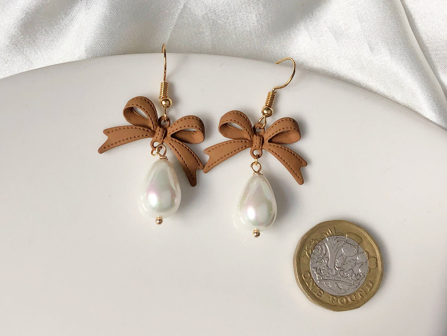 Brown bowknot and Faux teardrop Pearl stud / clip on Earrings, Gift for her