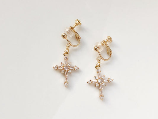 Gold colour Dangle Cross Hook/ clip on Christmas Earrings, Dainty Xmas cross earrings