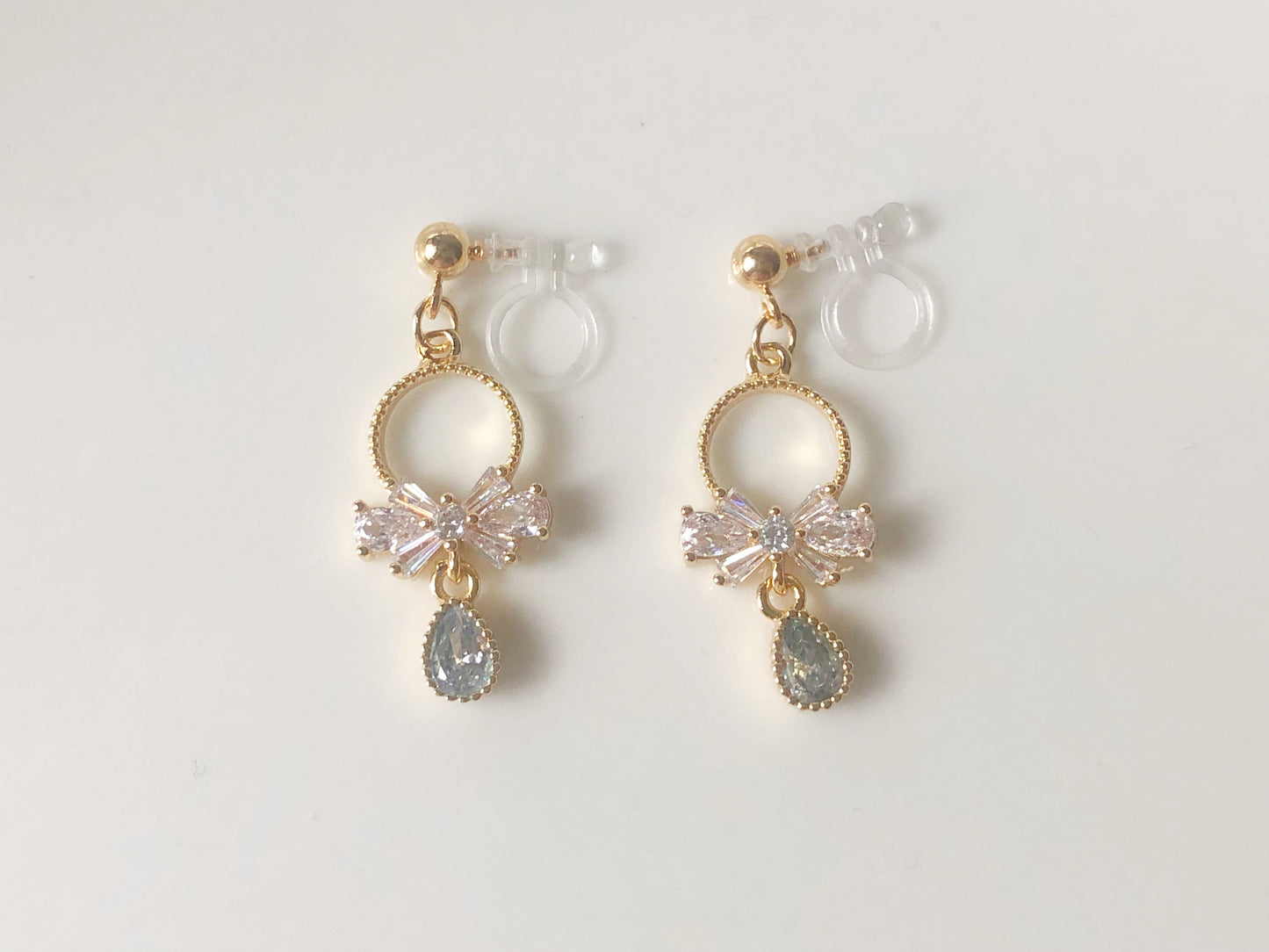 Delicate bow and teardrop stud/ clip on Earrings, dainty women earrings, gift for her