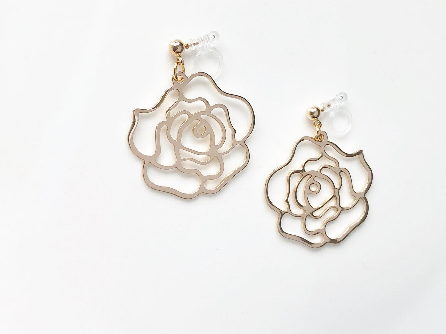 Gold Hollow out Rose stud/ clip on Earrings, Hollow Flower Statement Drop Charm Pendants
