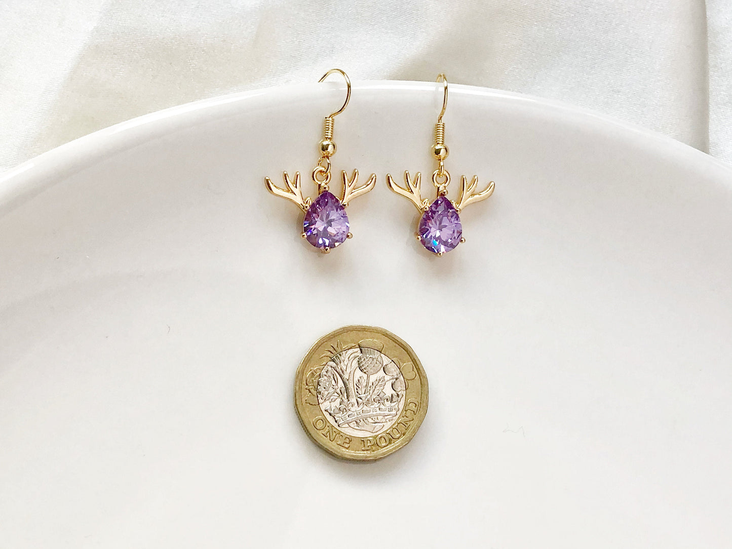 Dainty Faux amethyst quartz purple/ white stud/ clip on earring, Cute Xmas deer dangle earrings, Christmas gift for her