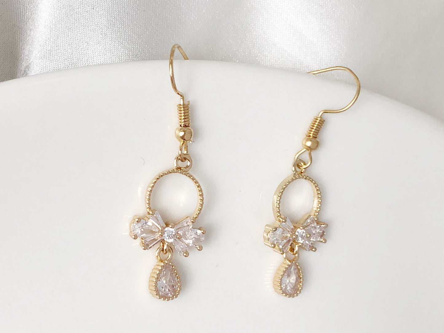 Delicate bow and teardrop stud/ clip on Earrings, dainty women earrings, gift for her