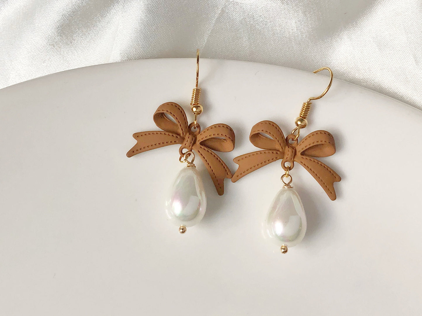 Brown bowknot and Faux teardrop Pearl stud / clip on Earrings, Gift for her