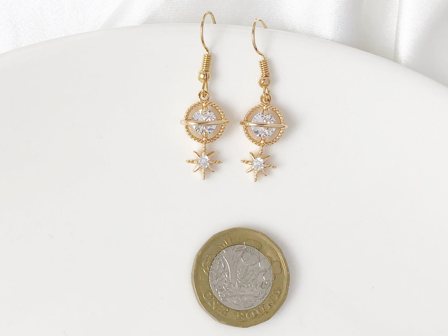 Gold colour Zirconia Saturn and star dangle Earrings, gift for her