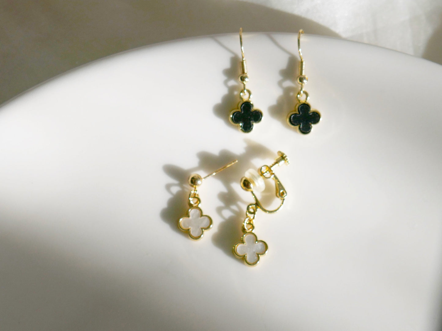 White & Black Four Leaf Clover Earrings | Dangle Drop Jewelry | Gift for Her | Handmade Floral Earrings
