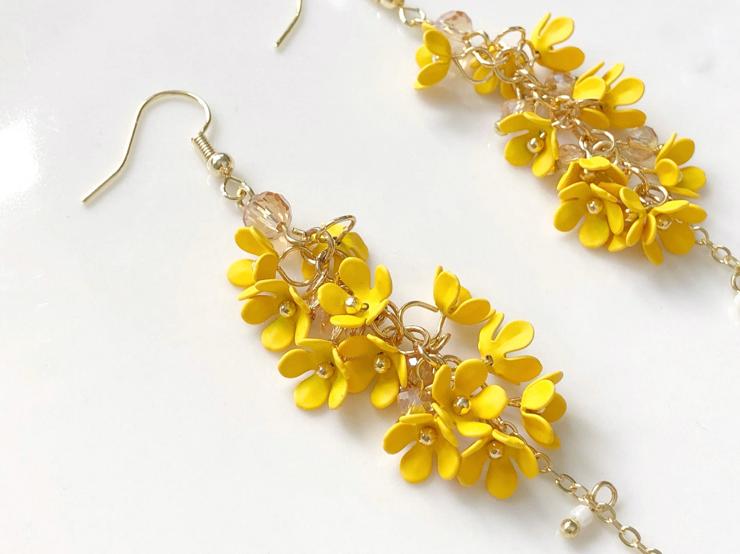 Yellow white pink Floral Dangle Earrings | Clip On or Long Drop | Sweet Osmanthus Jewellery | Gift for Her