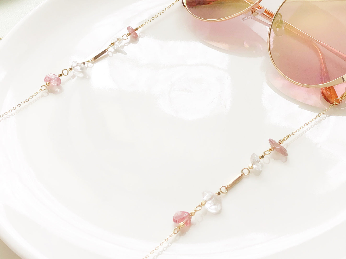 Quartz Beaded Glasses Chain Pink Clear Crystal Eyewear Holder Gold Metal Eyeglass Necklace Sunglasses Lanyard Gift for Women