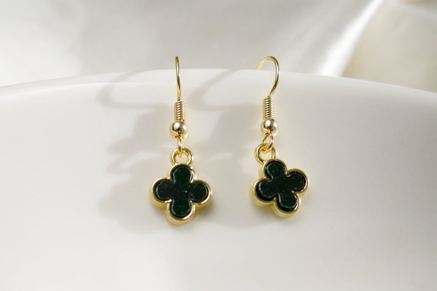White & Black Four Leaf Clover Earrings | Dangle Drop Jewelry | Gift for Her | Handmade Floral Earrings