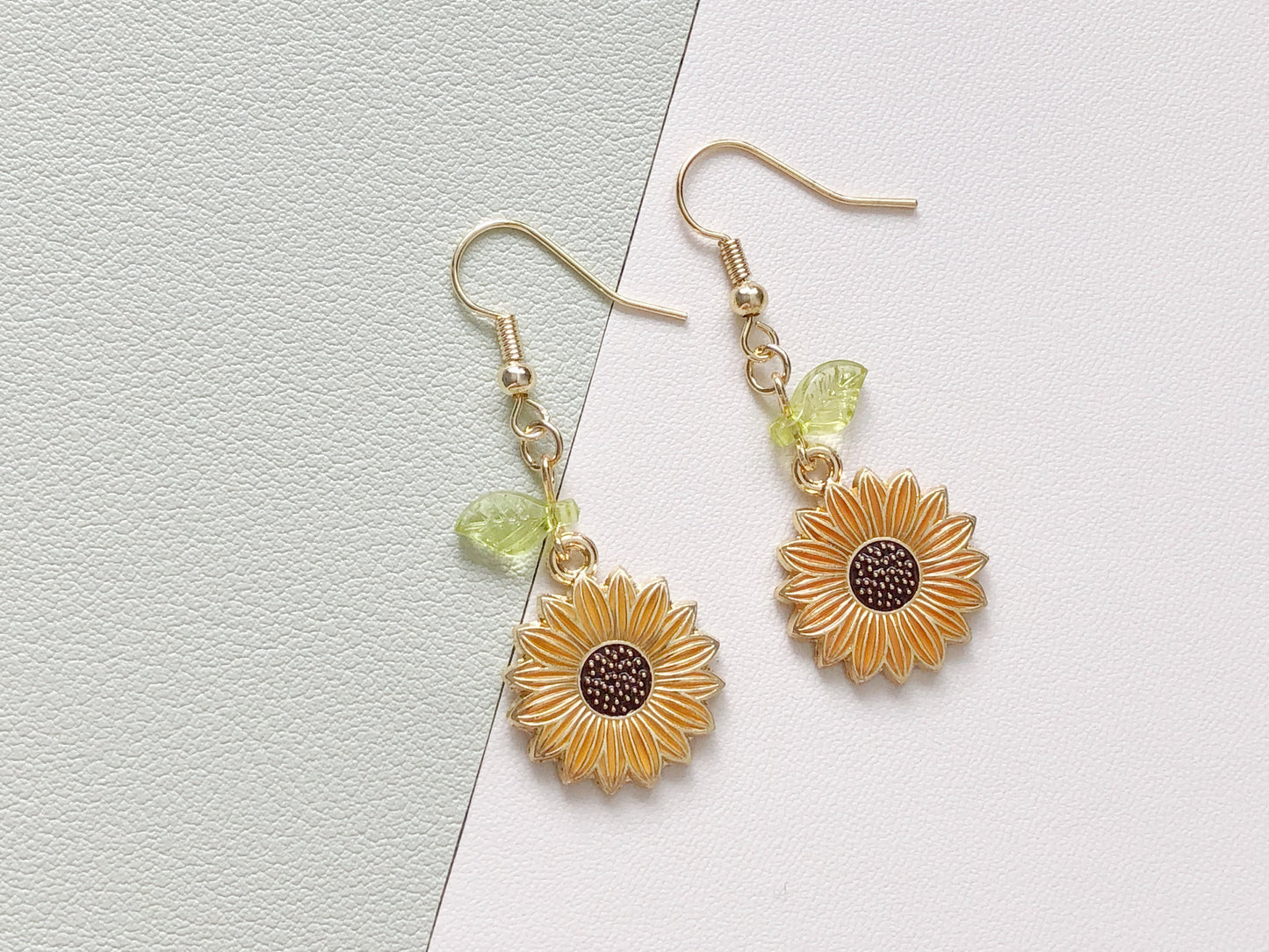 Chic Sunflower Earrings, Gold-Tone with Green Beads, Elegant Floral Jewellery, Spring and Summer Fashion, Unique Gift for Her