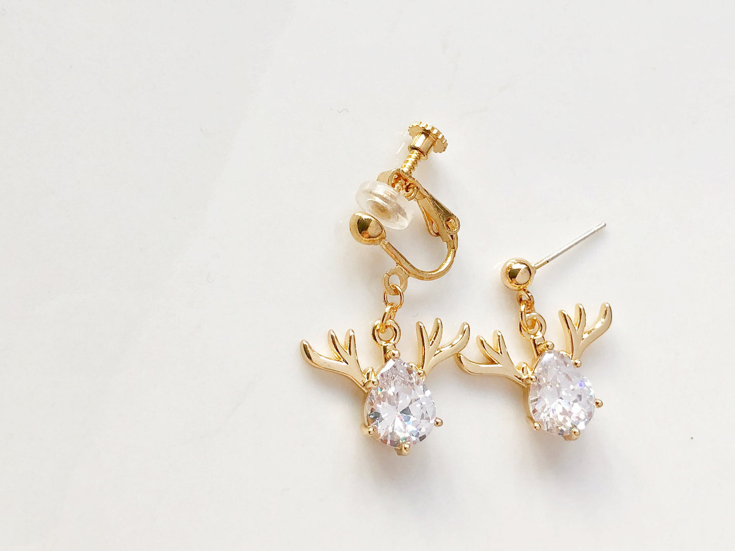 Dainty Faux amethyst quartz purple/ white stud/ clip on earring, Cute Xmas deer dangle earrings, Christmas gift for her