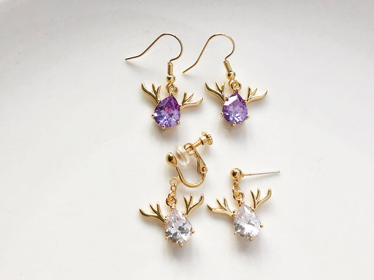Dainty Faux amethyst quartz purple/ white stud/ clip on earring, Cute Xmas deer dangle earrings, Christmas gift for her