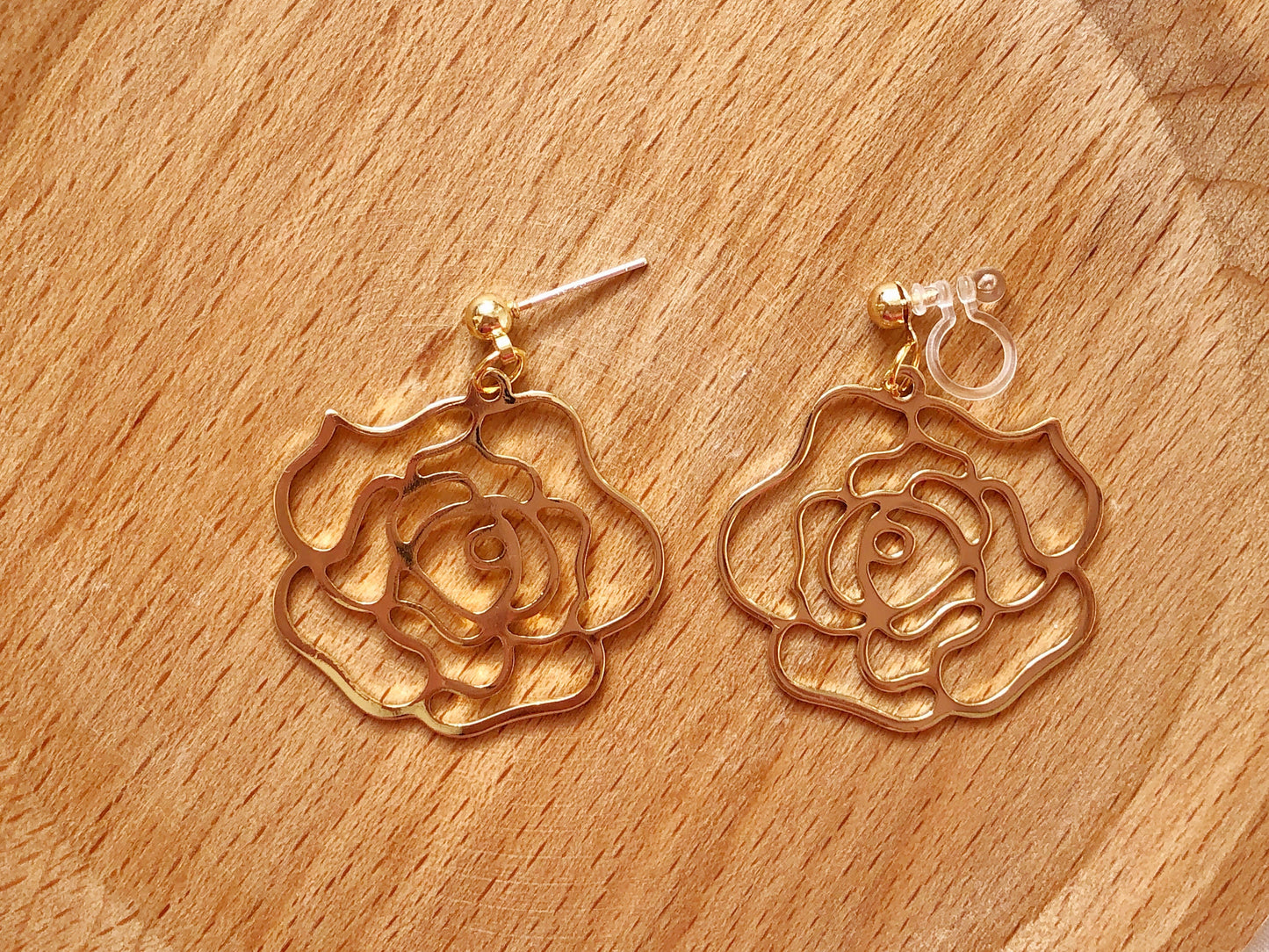 Gold Hollow out Rose stud/ clip on Earrings, Hollow Flower Statement Drop Charm Pendants