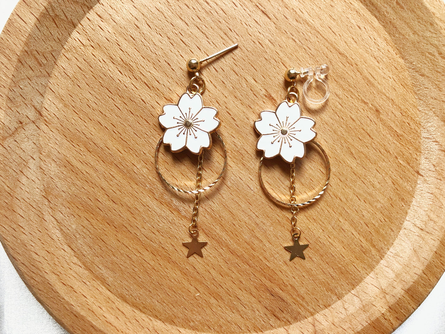 Sakura Cherry Blossom Earrings | Enamel Floral Jewellery | Clip On or Stud | Spring Gift for Her | Non Pierced Option