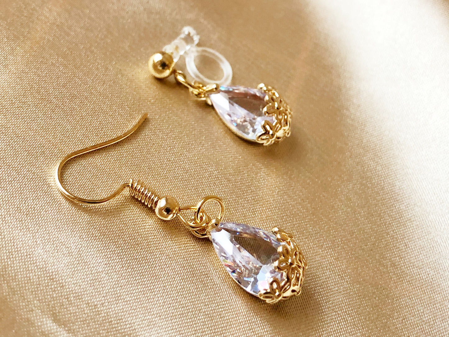 Teardrop Clip On or Stud Earrings | Gold Dangle Jewellery | Elegant Retro Gift for Her | Bridesmaid or Wedding Jewelry