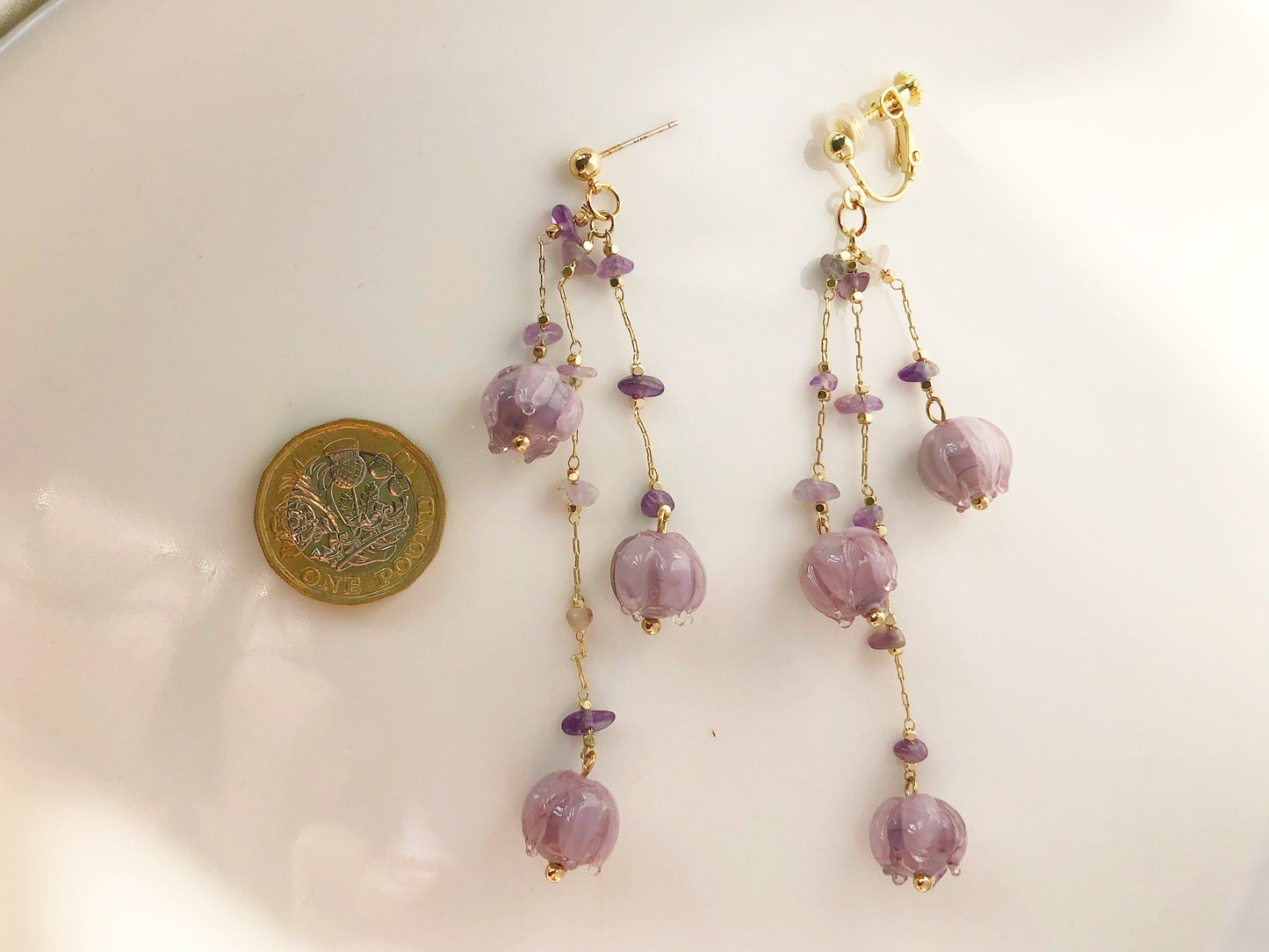 Fancy purple flowers Clip-on/ stud earrings, floral handmade earrings, gift for her