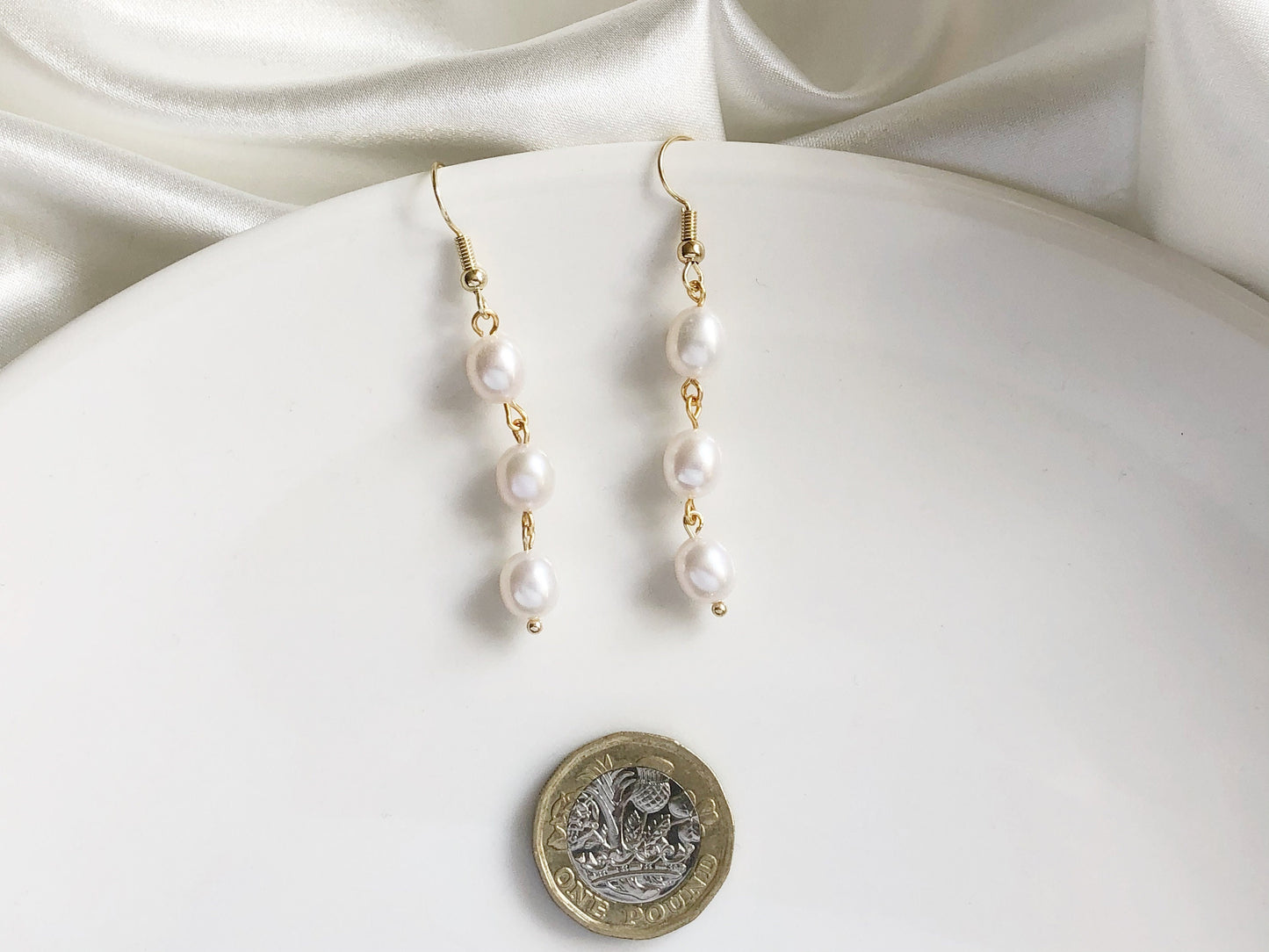 Triple white freshwater oval pearl drop Stud / Clip on Earrings, Geometric pendant, Gift for her