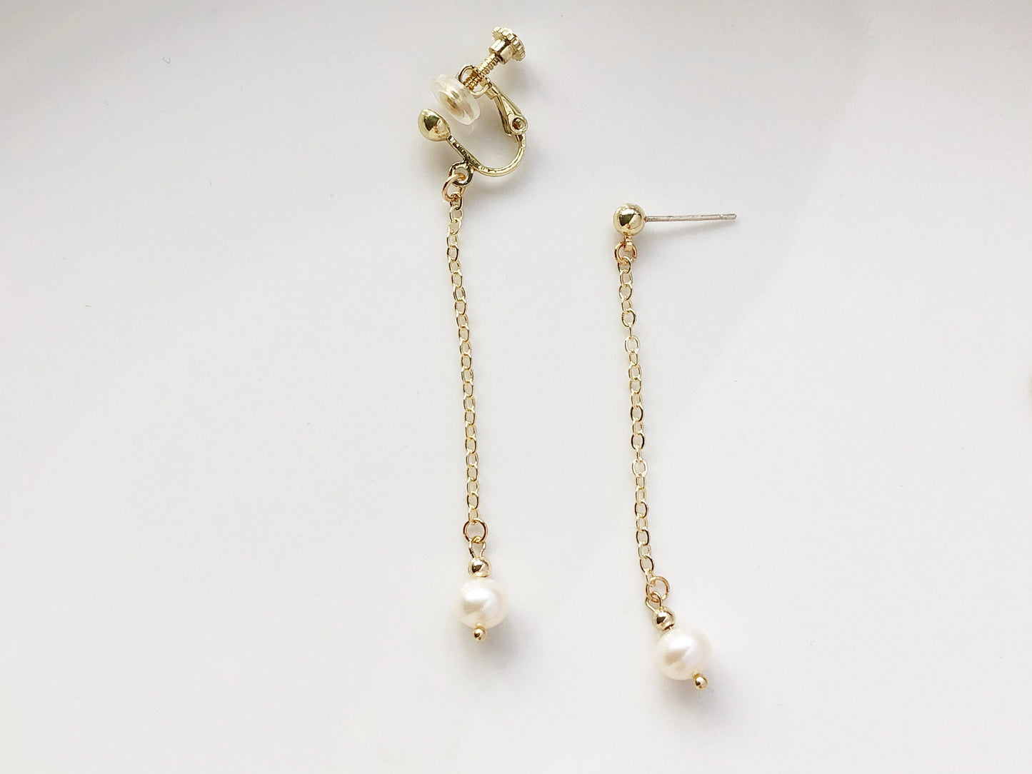 Dangle white freshwater pearl drop Stud / Clip on Earrings, Gift for her