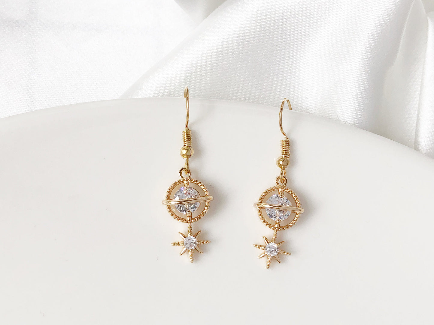 Gold colour Zirconia Saturn and star dangle Earrings, gift for her