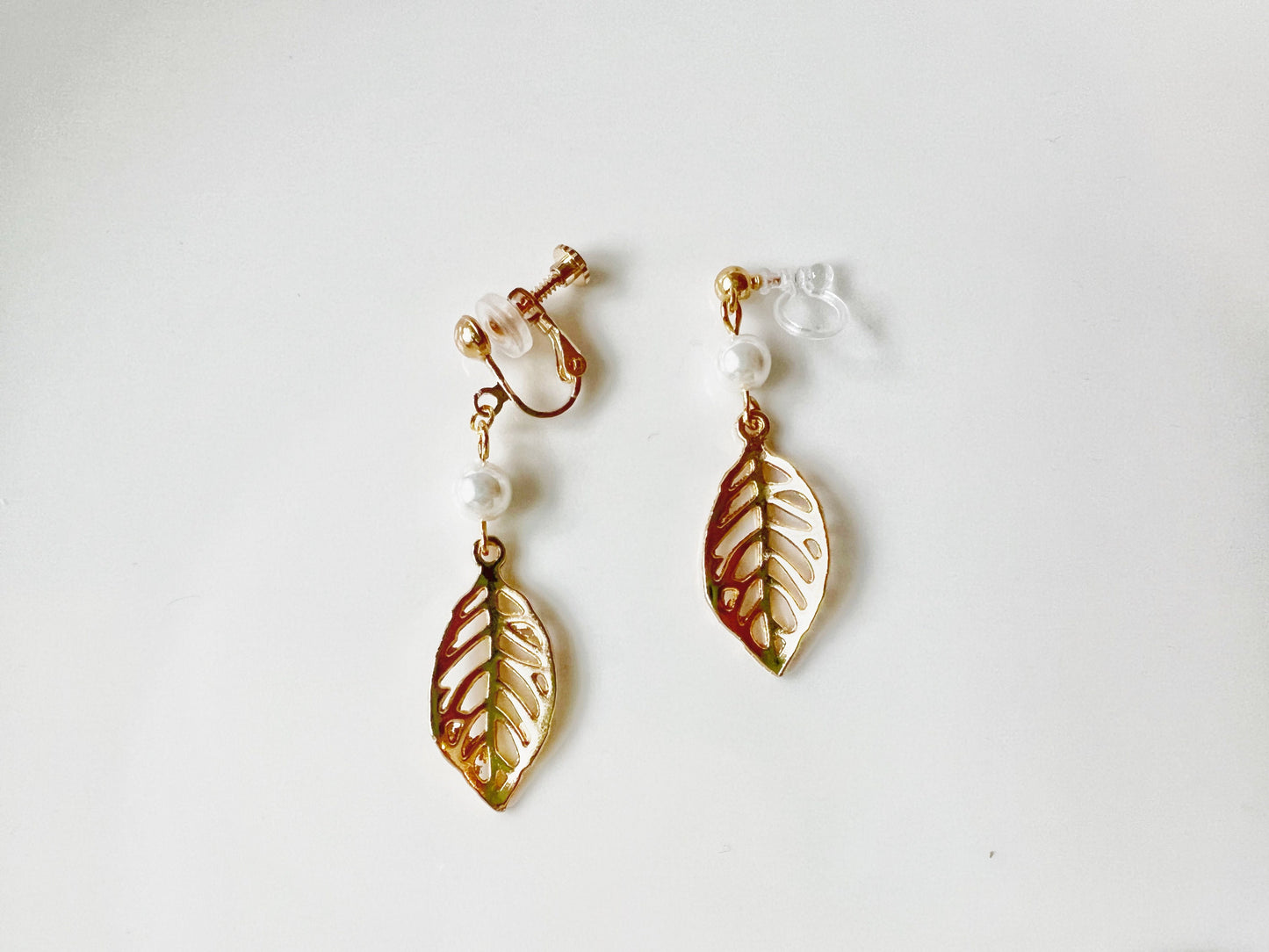 Hollow-out leaves and Faux pearl Clip-on/ stud earrings, Cute handmade gift for her
