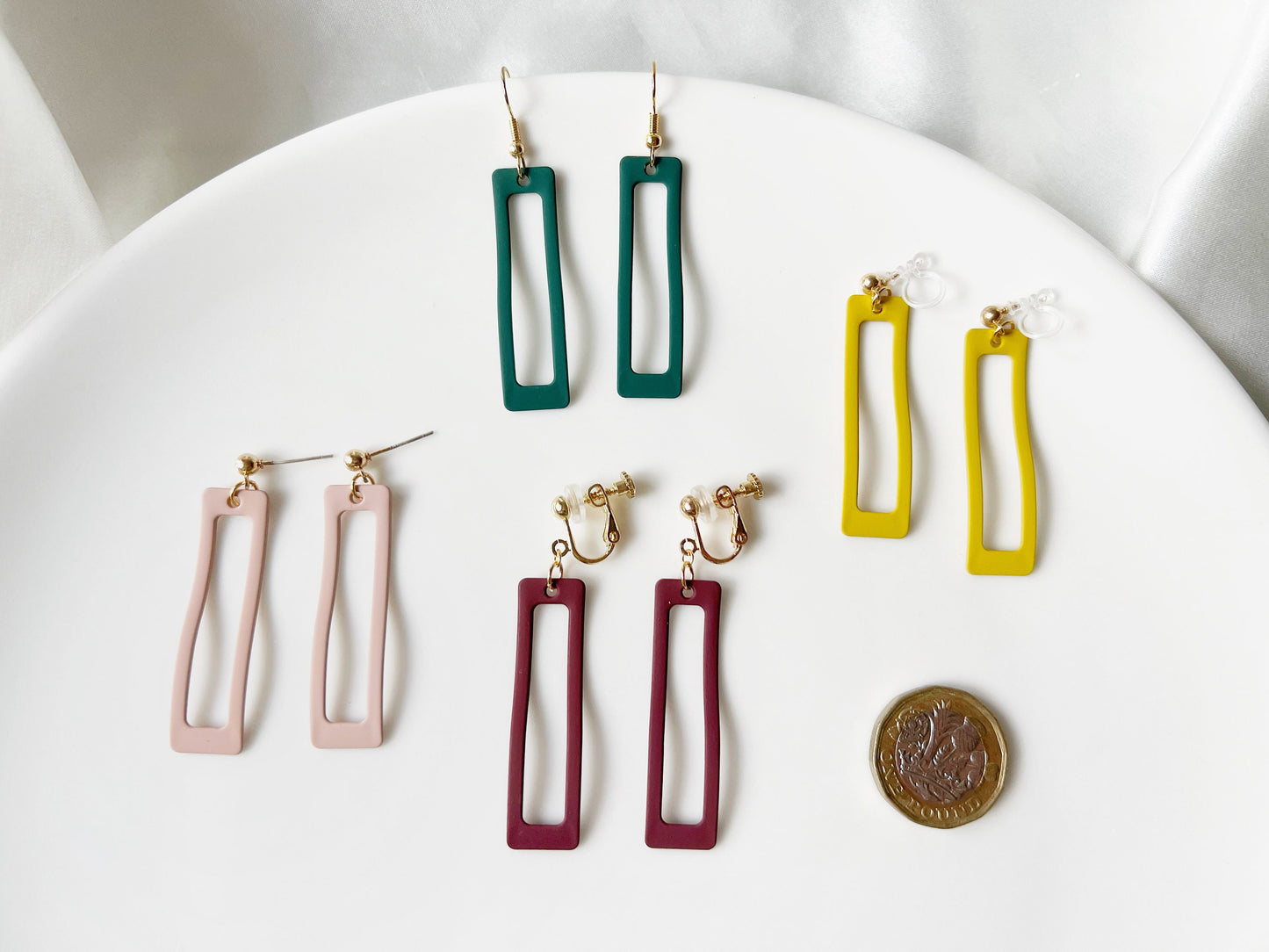 Green/ Yellow/ pink rectangle Ring clip on Earrings, Geometric dangle pendant, Gift for her