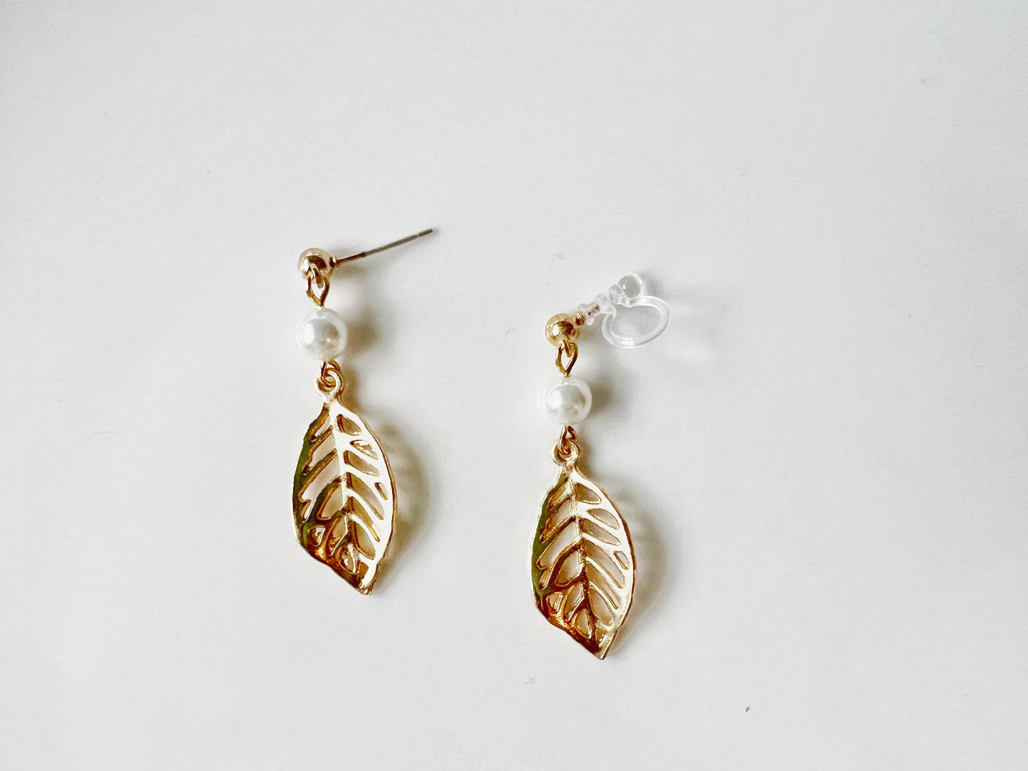 Hollow-out leaves and Faux pearl Clip-on/ stud earrings, Cute handmade gift for her