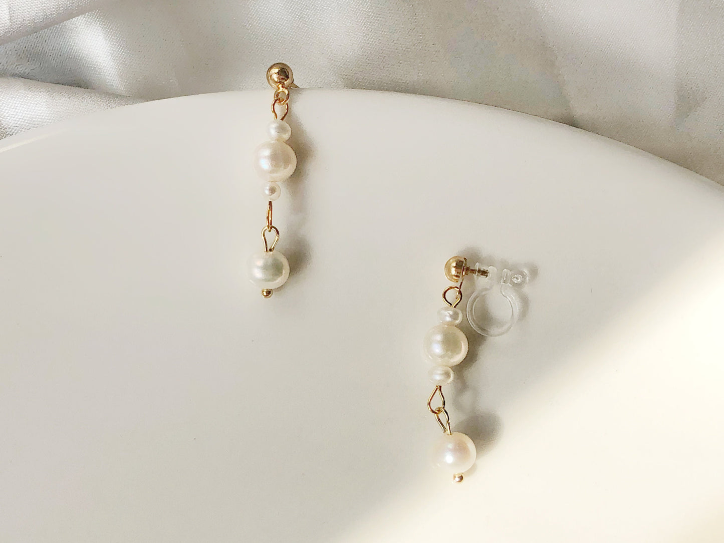 White freshwater pearl drop Stud / Clip on Earrings, Geometric pendant, Gift for her