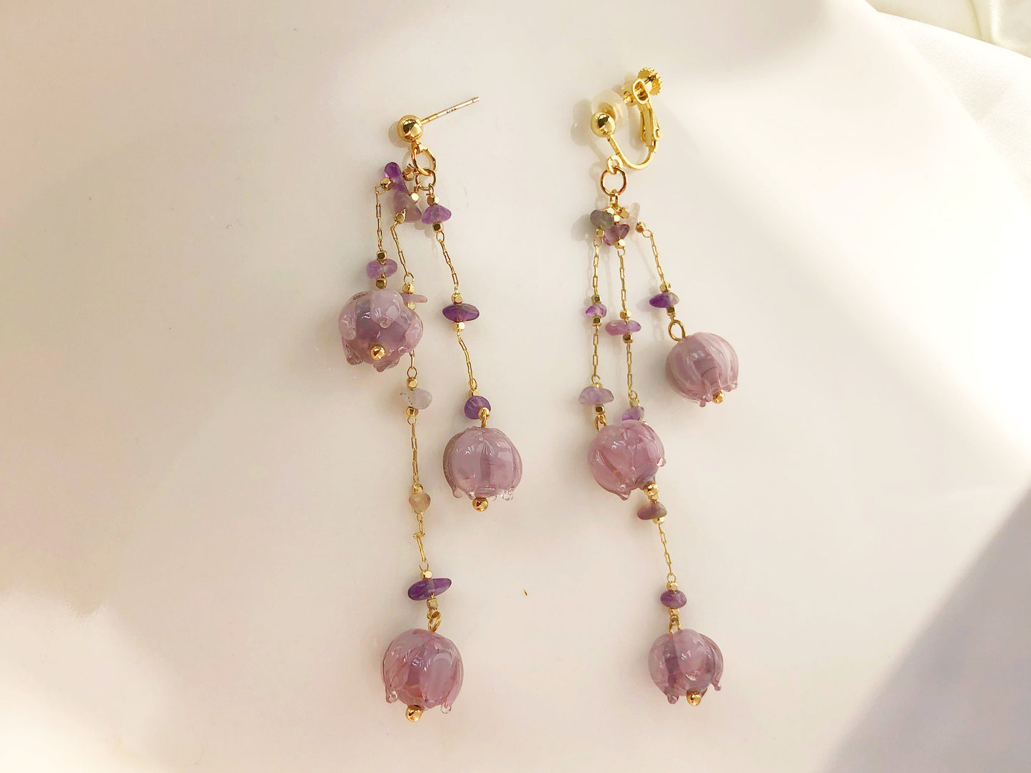 Fancy purple flowers Clip-on/ stud earrings, floral handmade earrings, gift for her