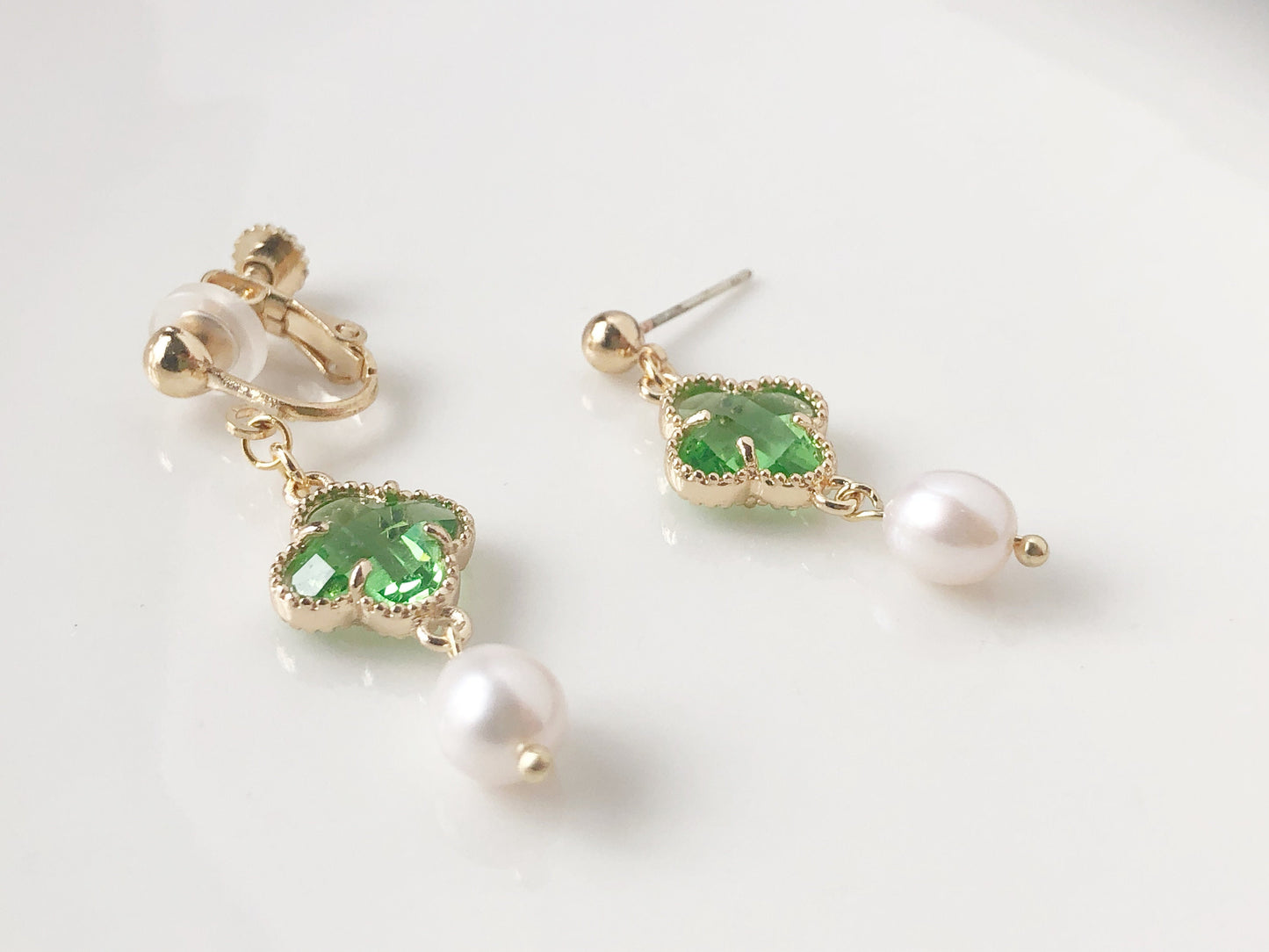 Four Leaf Clover and freshwater pearl earrings, Drop Dangle Earrings, gift for her