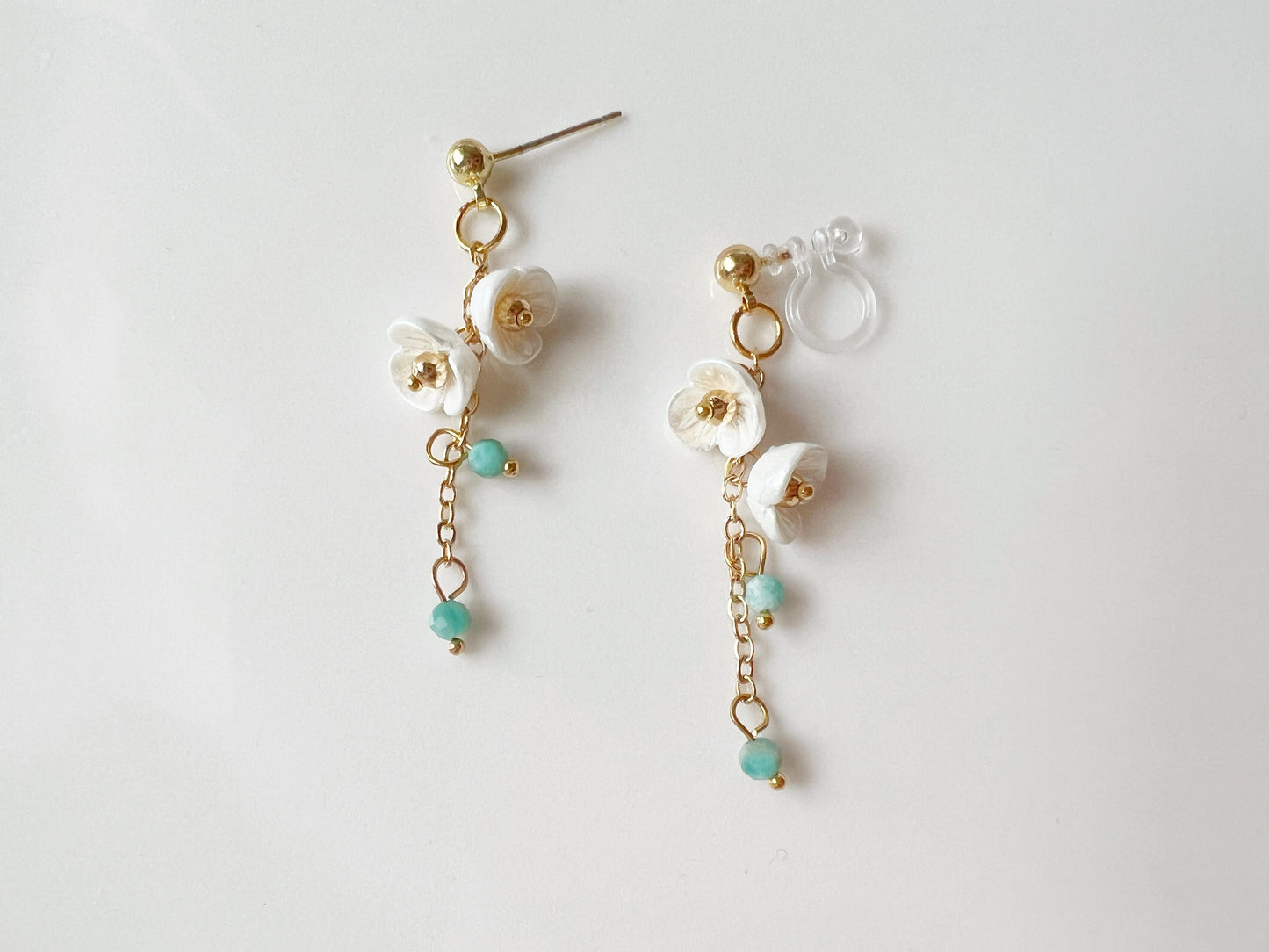 Cute White Flower and Green bead earrings, Dainty Floral Clip on earring, Gift for her