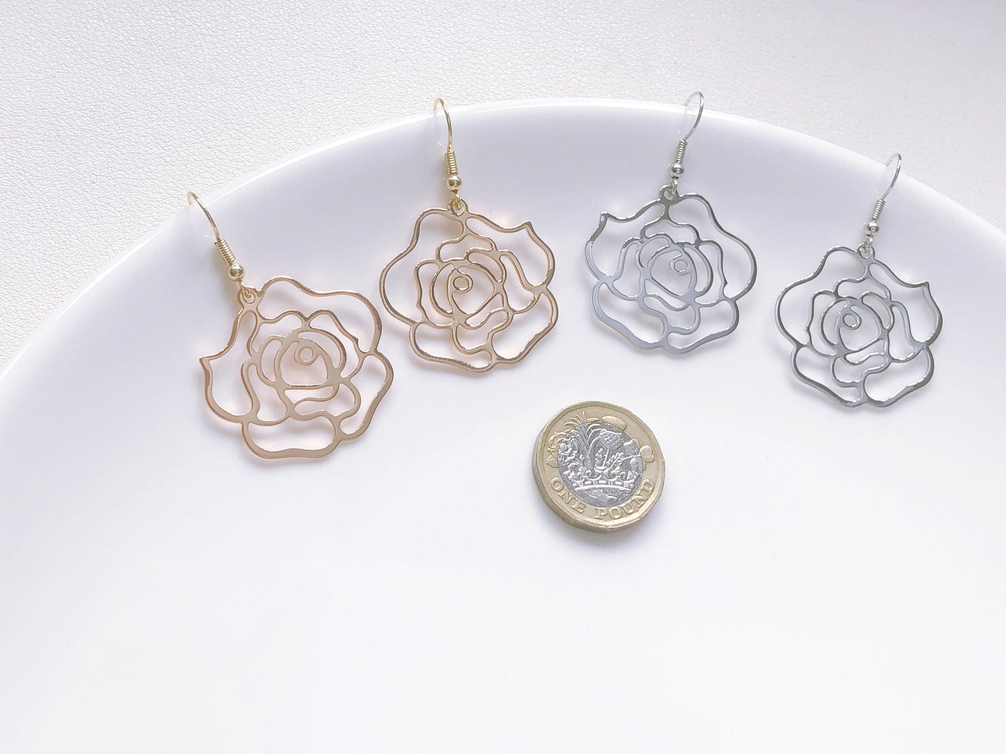 Gold Hollow out Rose stud/ clip on Earrings, Hollow Flower Statement Drop Charm Pendants