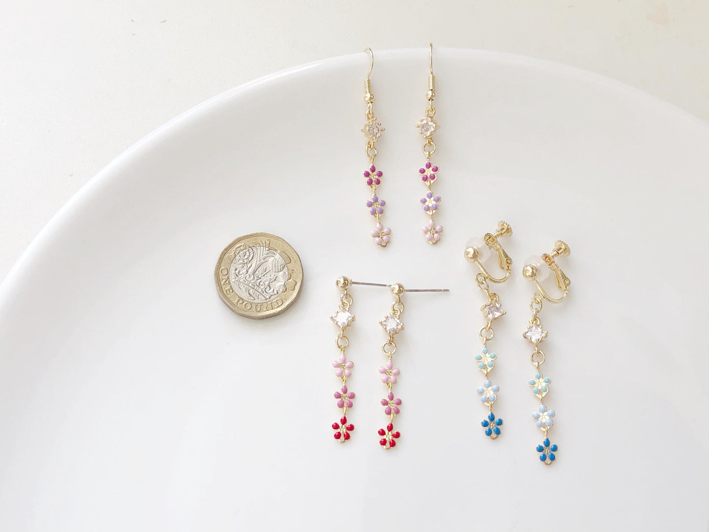 Cute Triple flower Clip-on/ stud earrings, delicate Pink purple blue earrings, handmade gift for her