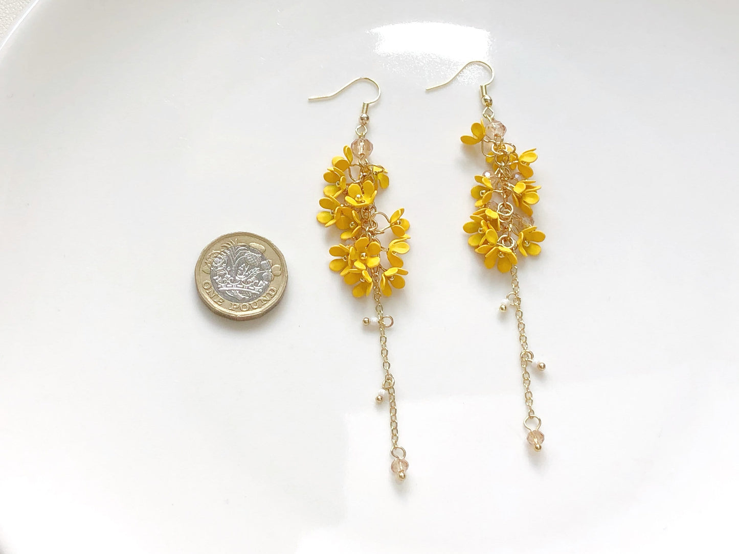 Yellow white pink Floral Dangle Earrings | Clip On or Long Drop | Sweet Osmanthus Jewellery | Gift for Her