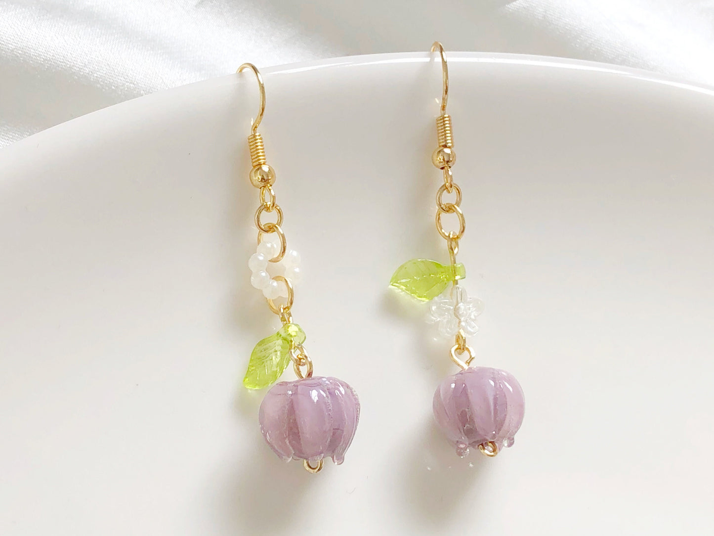 Mismatched purple flower earrings, clip-on/stud Fruit and leaves earrings, Special gift for her