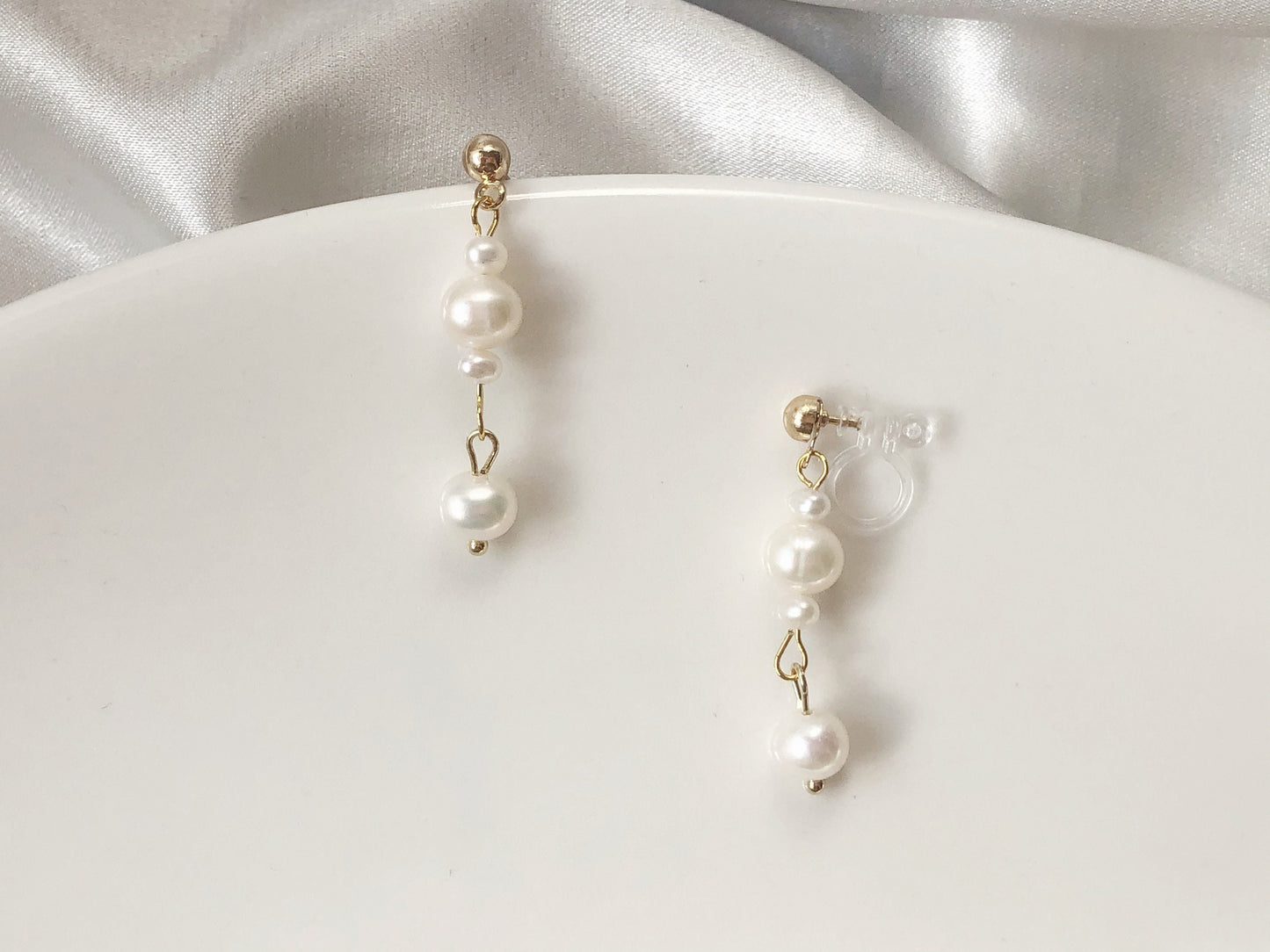 White freshwater pearl drop Stud / Clip on Earrings, Geometric pendant, Gift for her