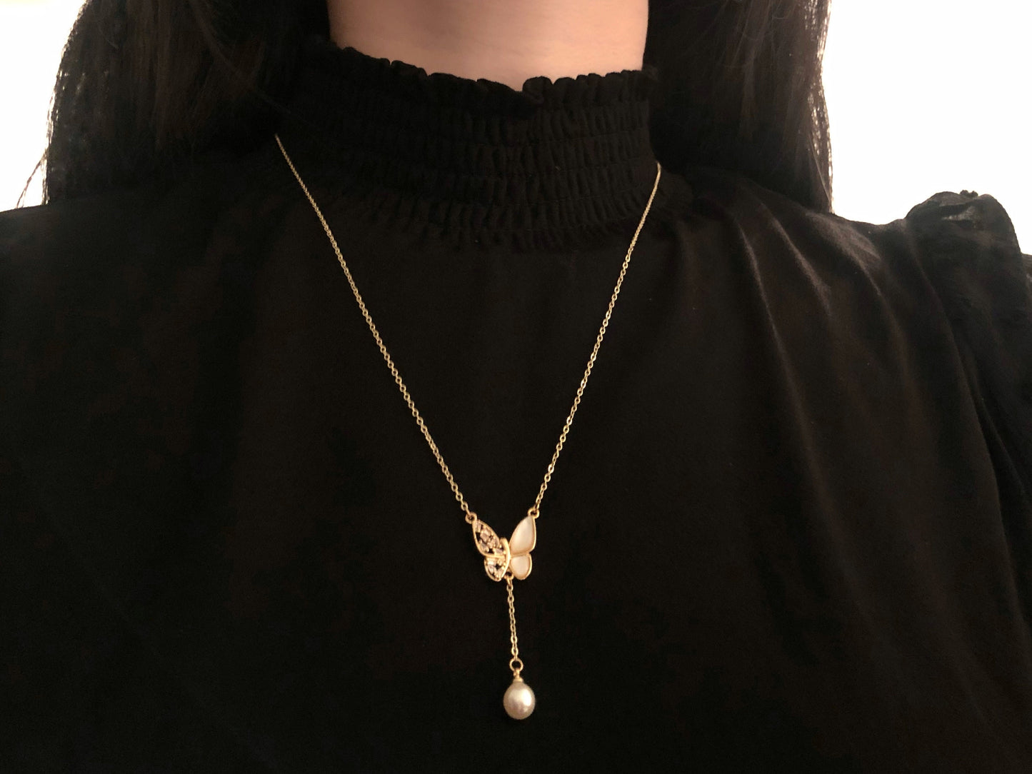 Butterfly Pearl Necklace Elegant Freshwater Pearl Pendant Dainty Zircon Jewellery Wedding Anniversary Birthday Gift for her Women Girls