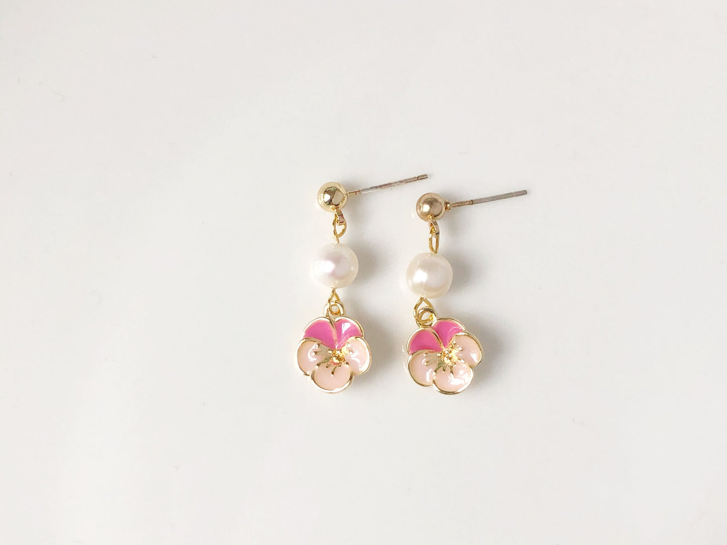 Pink Enamel Viola Flower Earrings: Freshwater Pearl, Gold Plated gift for her