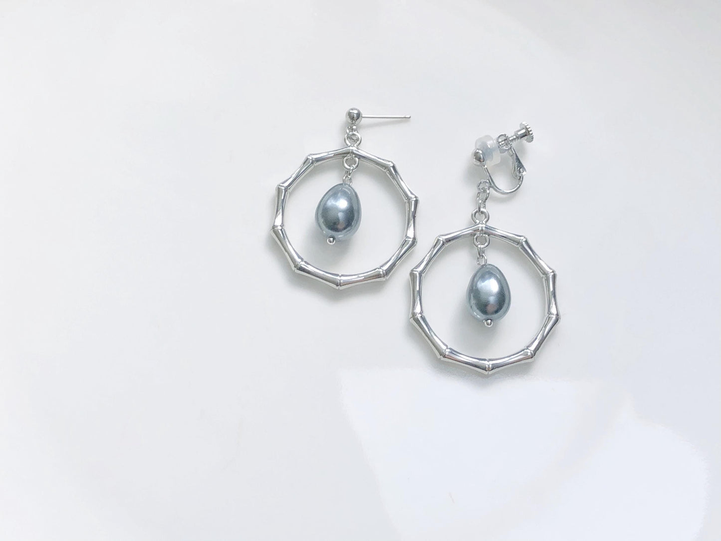 Large Bamboo Hoop, Big Faux Pearl Drop, Choice of Hook Stud or Clip on, Statement Geometric Earrings, Oversized Jewellery, gift for her
