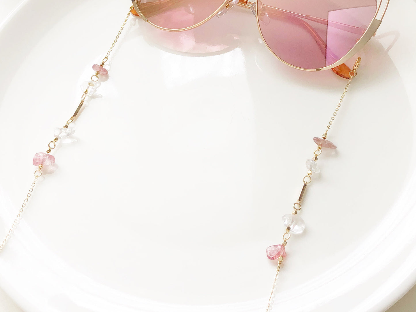 Quartz Beaded Glasses Chain Pink Clear Crystal Eyewear Holder Gold Metal Eyeglass Necklace Sunglasses Lanyard Gift for Women