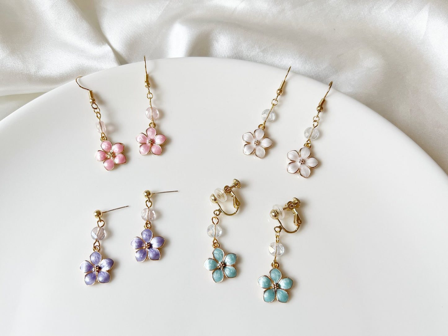 Sakura enamel earrings, oriental cherry Stud/Clip on earring, Dangle and drop earrings, spring gift for her