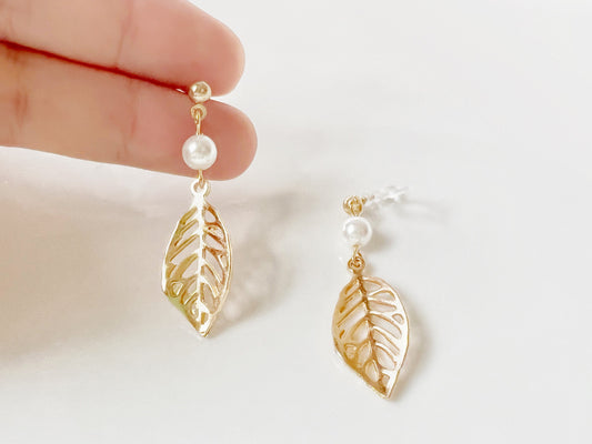 Hollow-out leaves and Faux pearl Clip-on/ stud earrings, Cute handmade gift for her