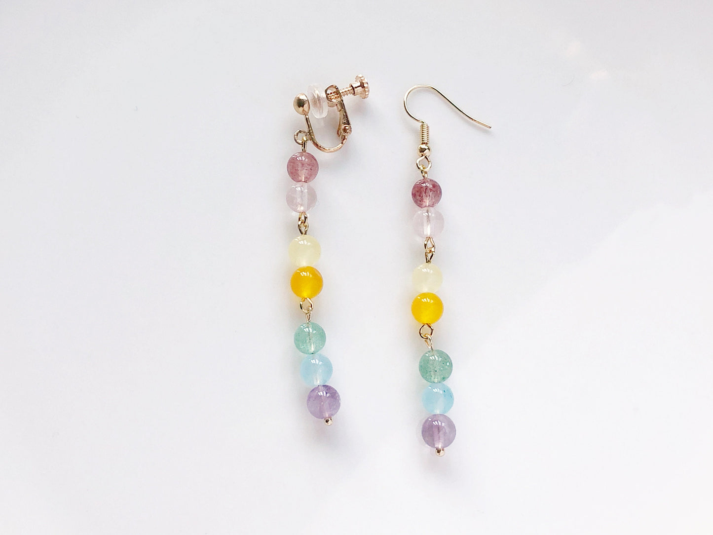Rainbow Quartz Earrings, Colourful 6mm Bead Drop Earrings, Pride LGBT Jewellery for Women Girls, Clip On Stud or Hook Style, Gift for Her